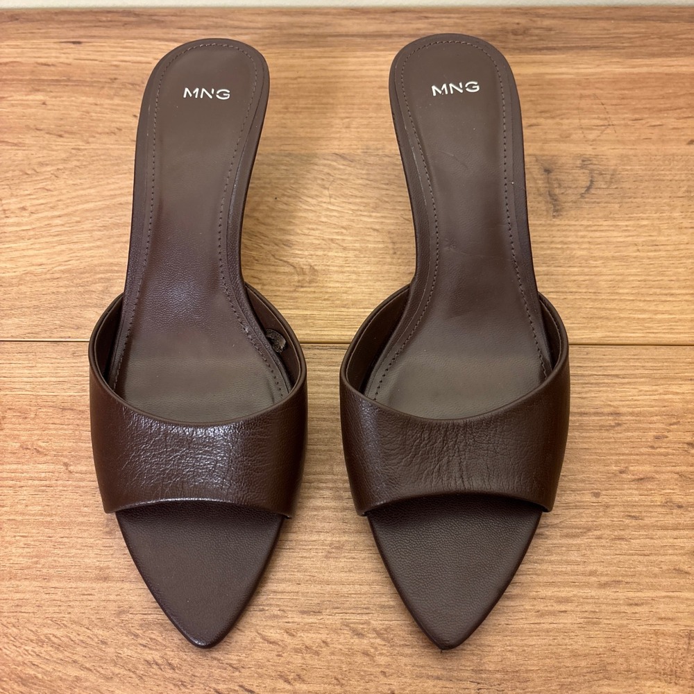 MANGO MNG Kitten-Heel Leather Sandal Brown Women Size 38 Slip On Formal Party - Picture 3 of 9